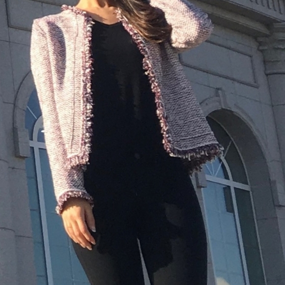 MASSIMO DUTTI | Tweed Frayed Hem Open Purple Italian Yarn Blazer - Picture 2 of 14